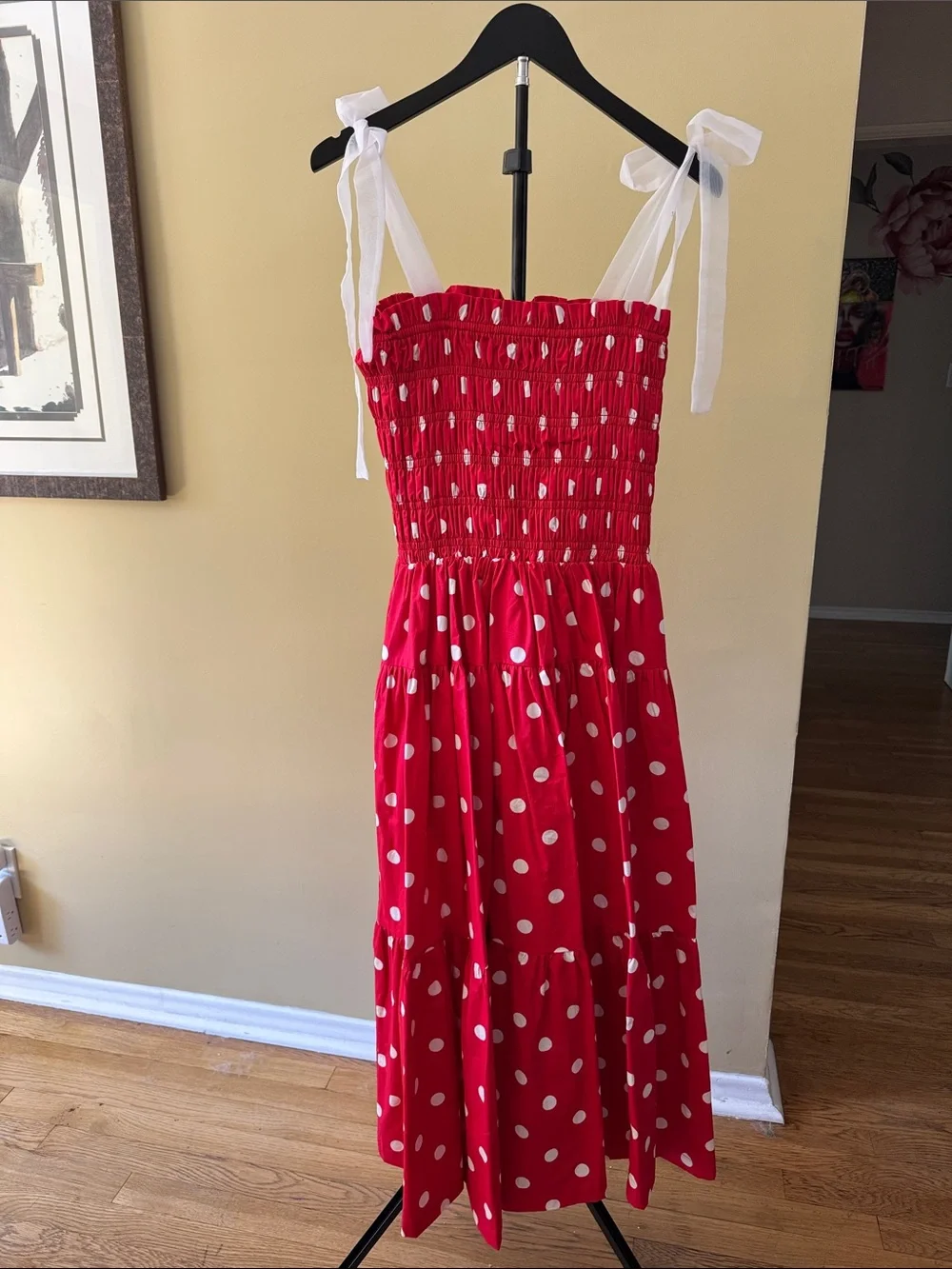NWOT En Saison Red Polka Dot Midi Dress with White Ties - Picture 1 of 8